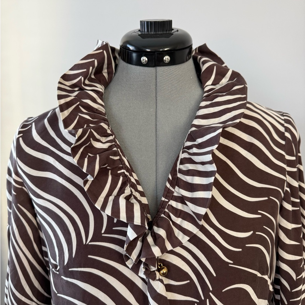 Elizabeth McKay Zebra Print Tunic Silk Blouse in Brown and Cream